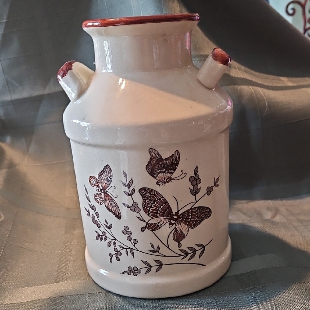 Vintage Ceramic Milk Stoneware Butterfly Vase